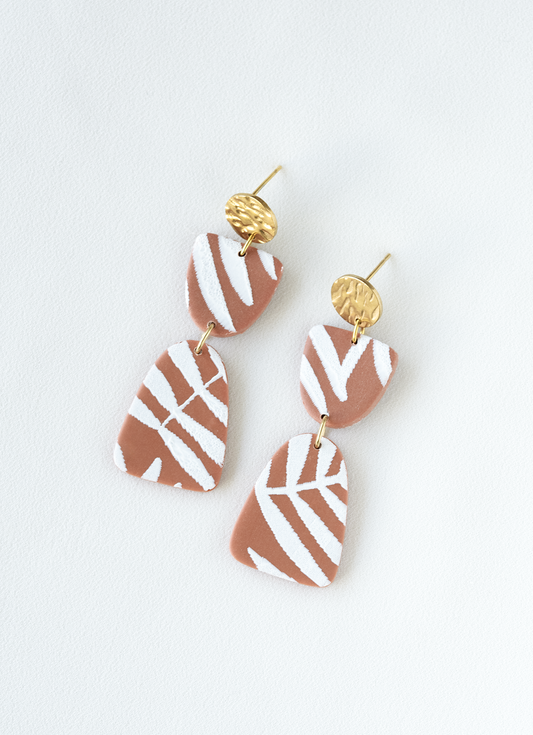 brown dangle earrings  with white leaf pattern, boho earrings, Dubai jewelry, handcrafted jewelry