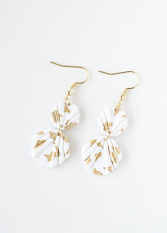 white shell dangle earrings with gold leaf accents, bridal jewelry, handcrafted polymer clay jewelry, made in Dubai