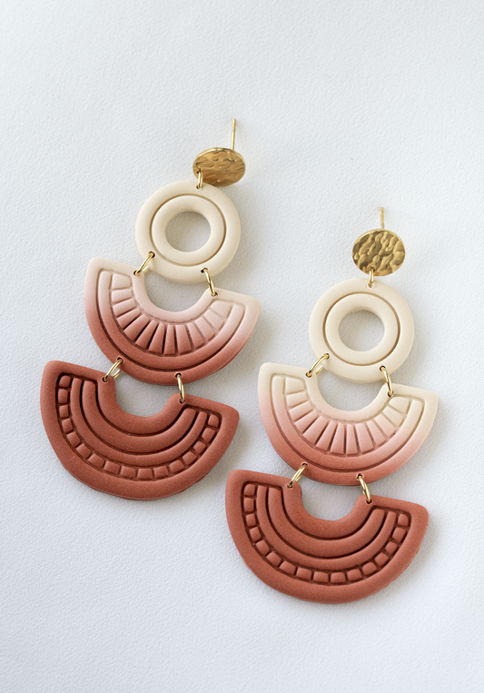 Pair of polymer clay boho dangles with ombre effect and stainless steel findings.