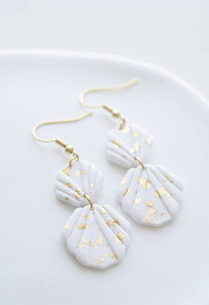 ADELAIDE white shell earrings, gold leaf accents, bridal jewelry, handcrafted polymer clay jewelry, made in Dubai
