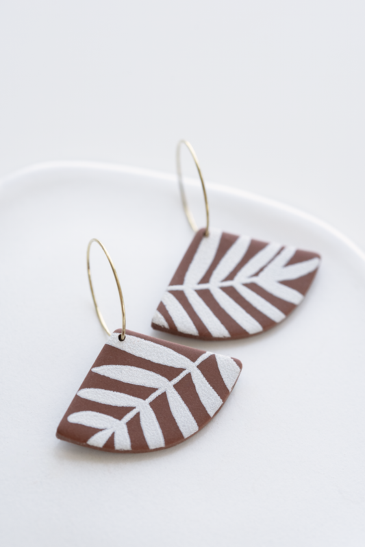 ATLANTA polymer clay hoop earrings, gold plated stainless steel, brownie color with white leaf pattern