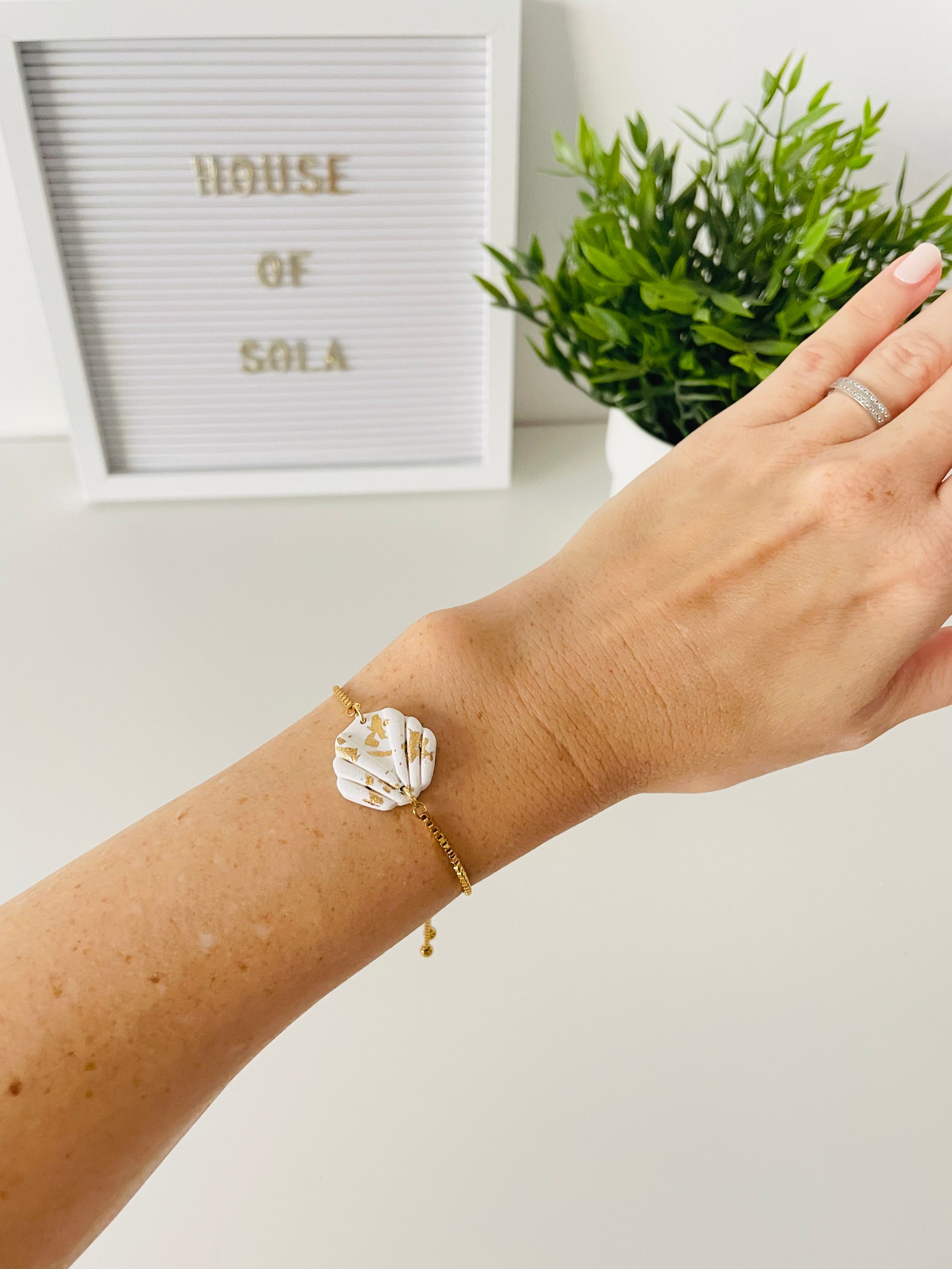 SICILY hand-crafted adjustable gold plated stainless steel bracelet with polymer clay ornament on wrist