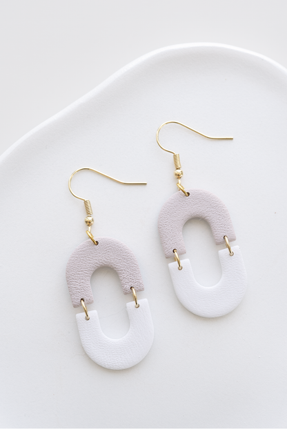 HAVAN two-tone dangle earrings, white and pale oat, stainless steel, handcrafted in Dubai, lightweight