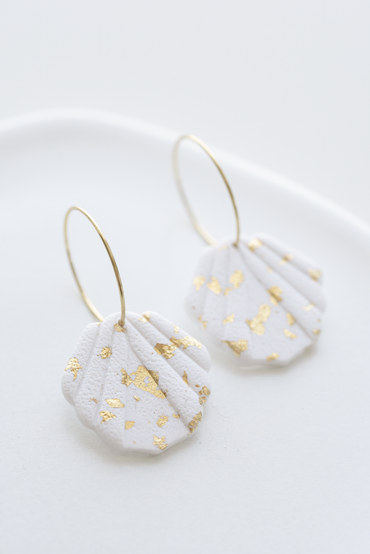 MADRID white shell hoop earrings with gold leaf, gold plated stainless steel, beachy summer polymer clay earrings