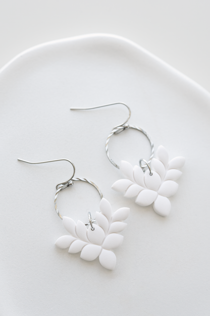 MALIBU polymer clay statement earrings in white, lightweight and modern, leaf shape, stainless steel, handcrafted in Dubai