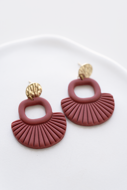 MILAN boho earrings in fire brick color, polymer clay and gold plated stainless steel, handcrafted in Dubai
