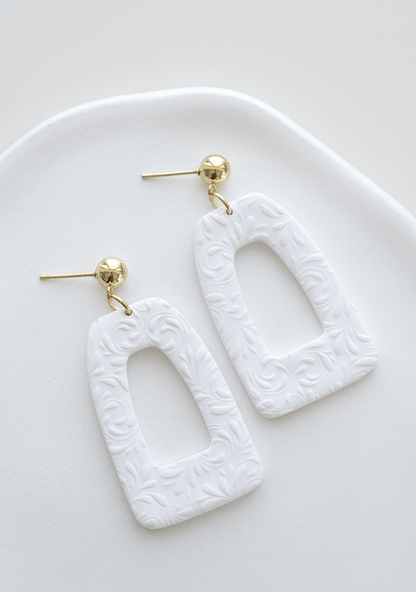 SHANGHAI white polymer clay dangle earring, romantic boho jewelry, floral texture, bridal earrings, gold plated stainless steel, handcrafted 