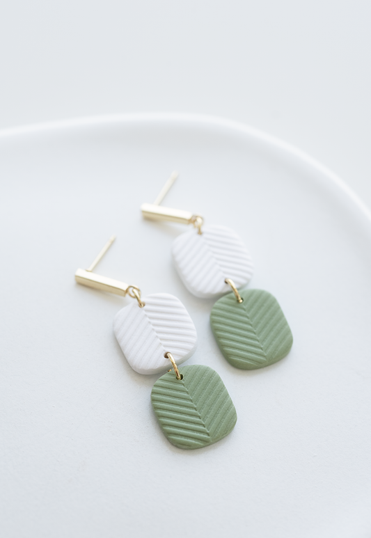 SUVA two-tone polymer clay dangle earring with chevron pattern, gold plated stainless steel, handcrafted in Dubai, lightweight