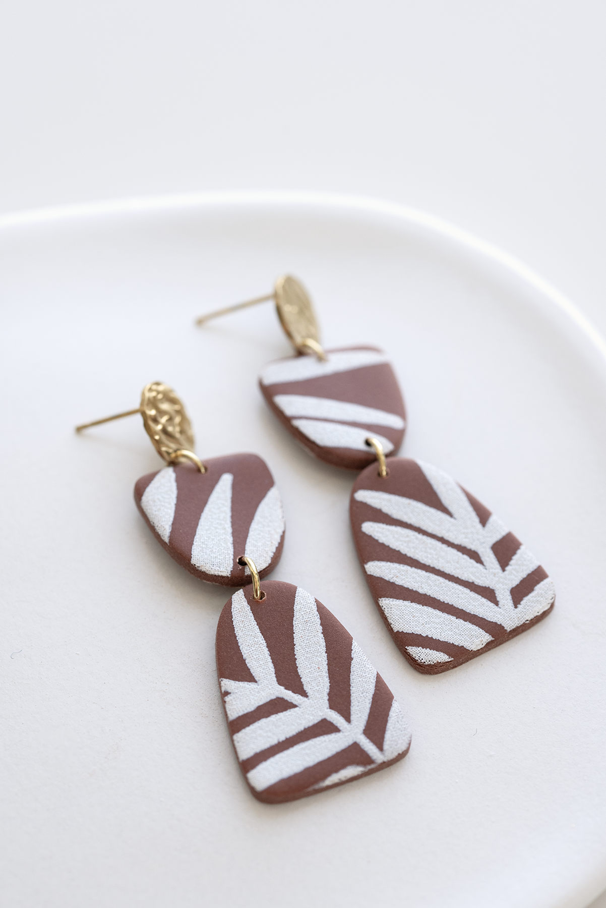 SYDNEY brown polymer clay dangle earrings with white leaf pattern, boho earrings, handcrafted jewelry Dubai