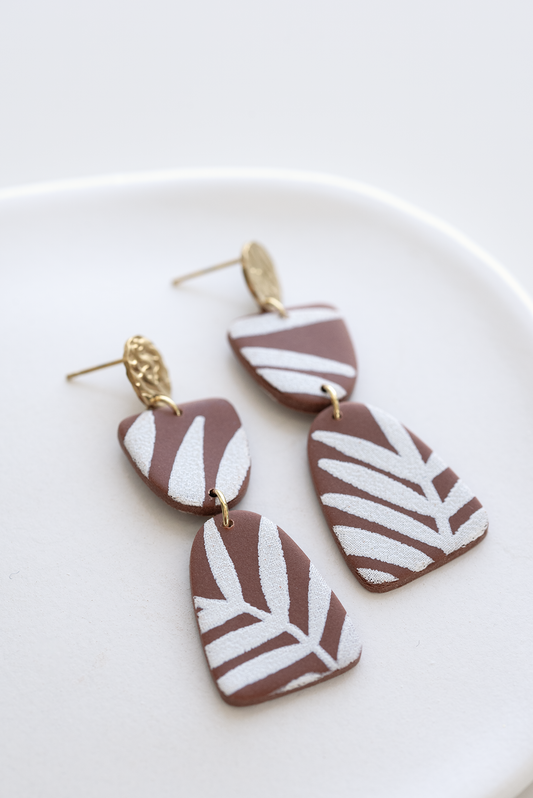 SYDNEY brown polymer clay dangle earrings with white leaf pattern, boho earrings, handcrafted jewelry Dubai