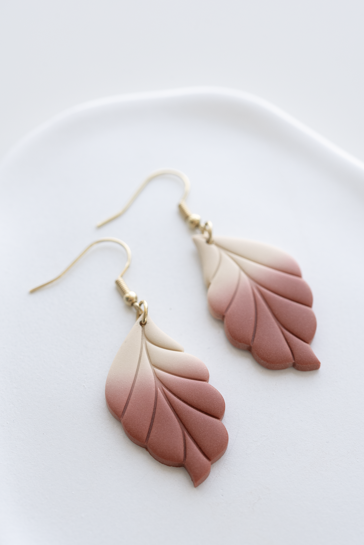 VIENNA leaf shape polymer clay statement dangle earrings, ombre effect, gold plated stainless steel, made in Dubai