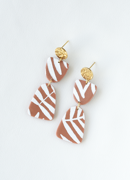 brown dangle earrings  with white leaf pattern, boho earrings, Dubai jewelry, handcrafted jewelry